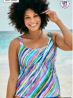 Swimsuits for All Bright Multicolor Striped Tankini Top Sz 14